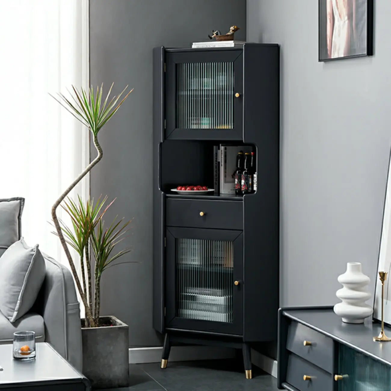 Meuble de rangement d'angle moderne en bois et verre couleur expresso