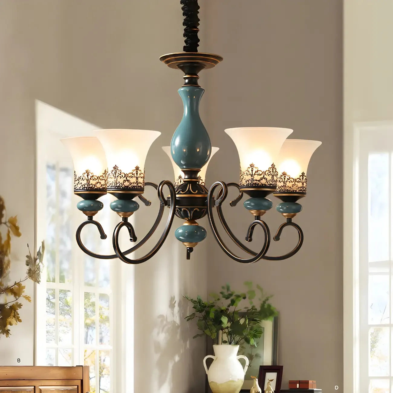 Lustre classique en céramique bleue et verre dépoli