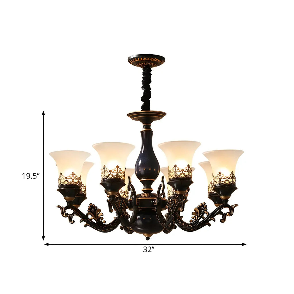 Lustre en verre blanc dépoli noir en forme de cloche pour salon style milieu du siècle