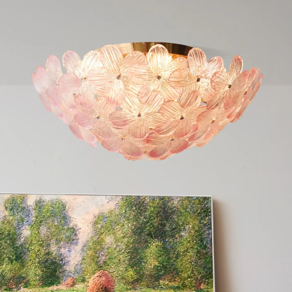 Plafonnier semi-encastré élégant à dôme en verre à motif floral