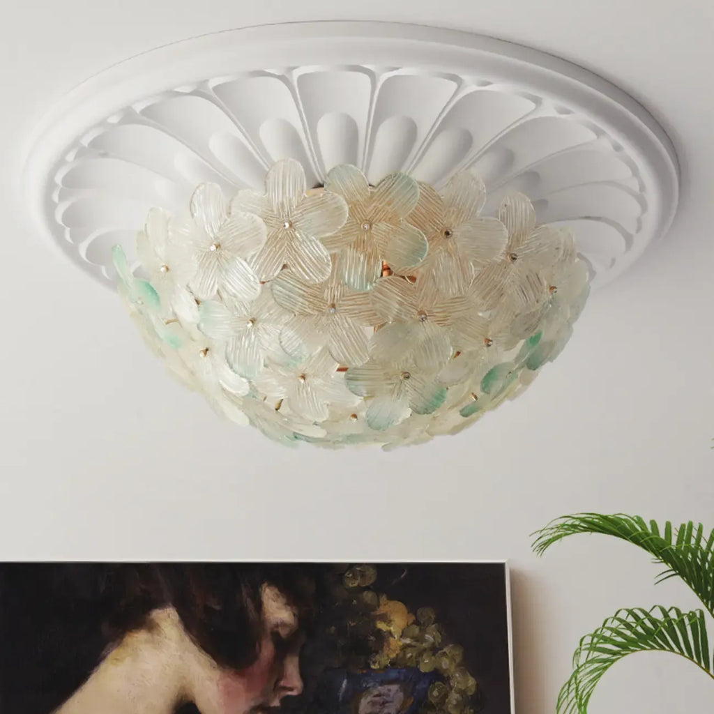 Plafonnier semi-encastré élégant à dôme en verre à motif floral