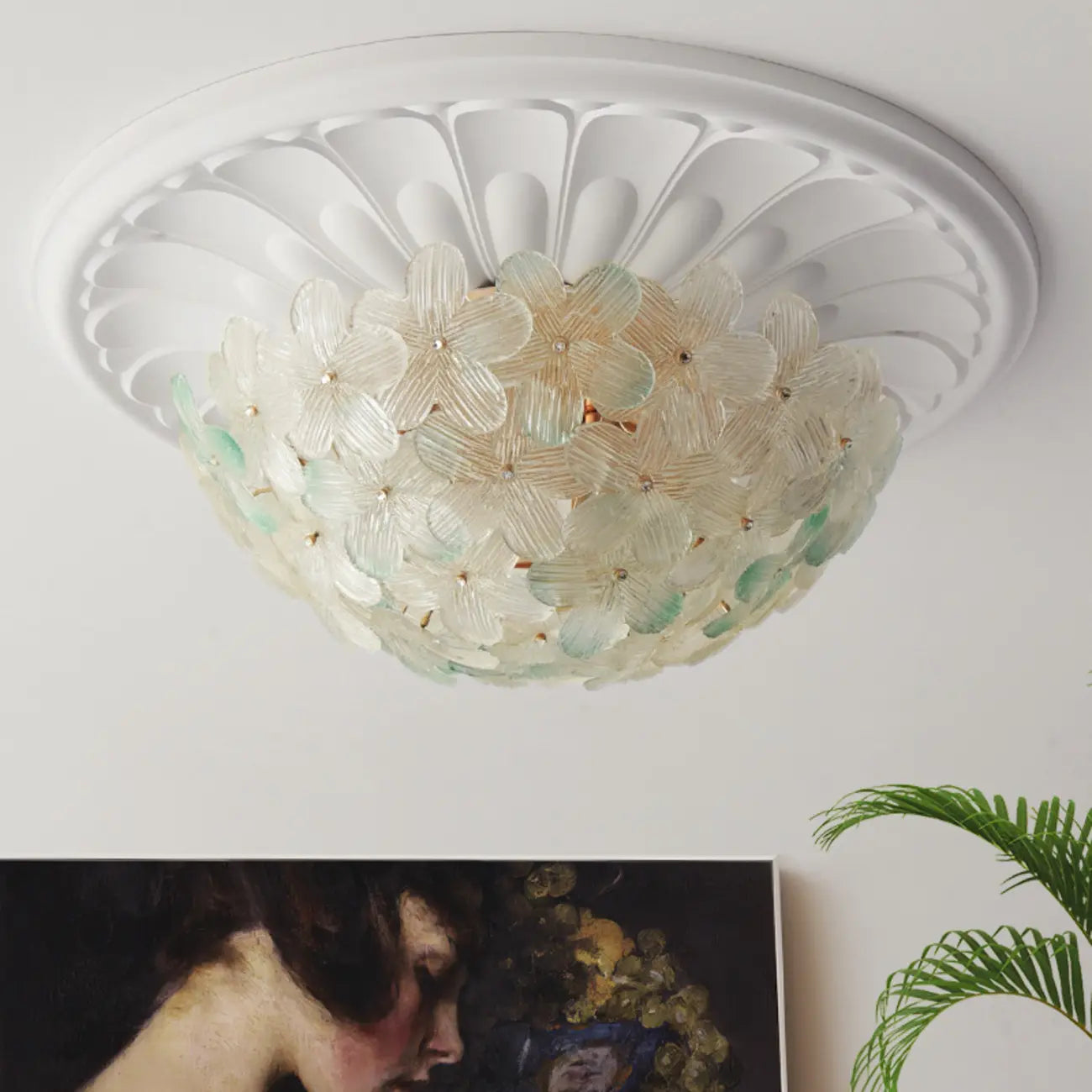 Plafonnier semi-encastré élégant à dôme en verre à motif floral