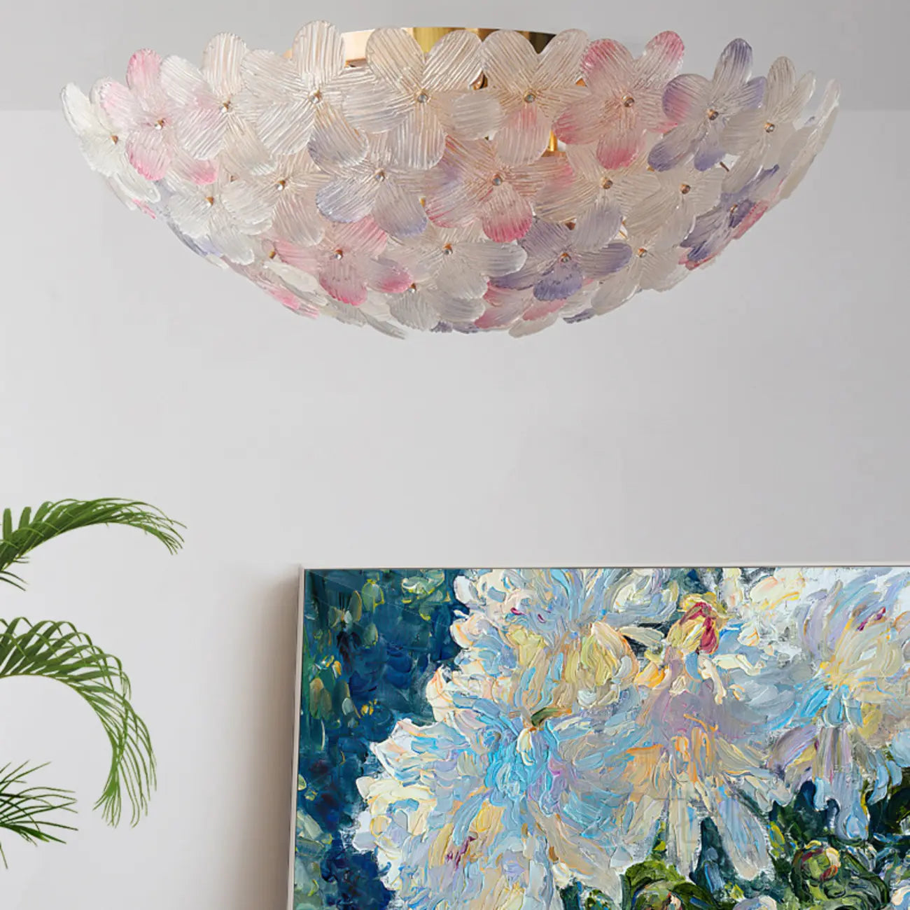 Plafonnier semi-encastré élégant à dôme en verre à motif floral