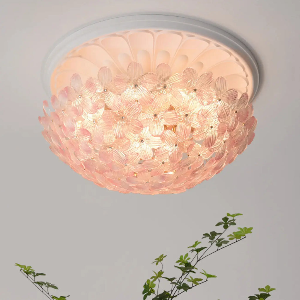 Plafonnier semi-encastré élégant à dôme en verre à motif floral