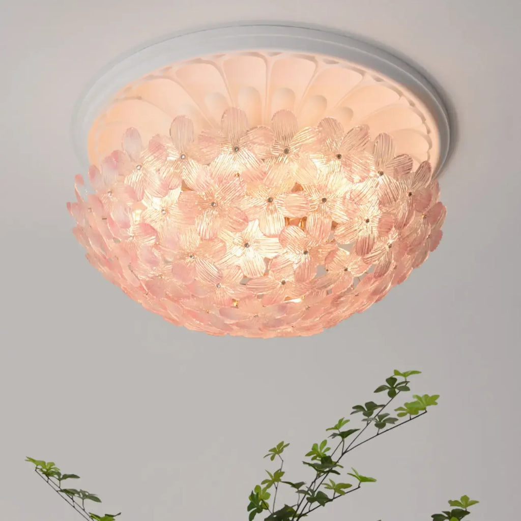 Plafonnier semi-encastré élégant à dôme en verre à motif floral