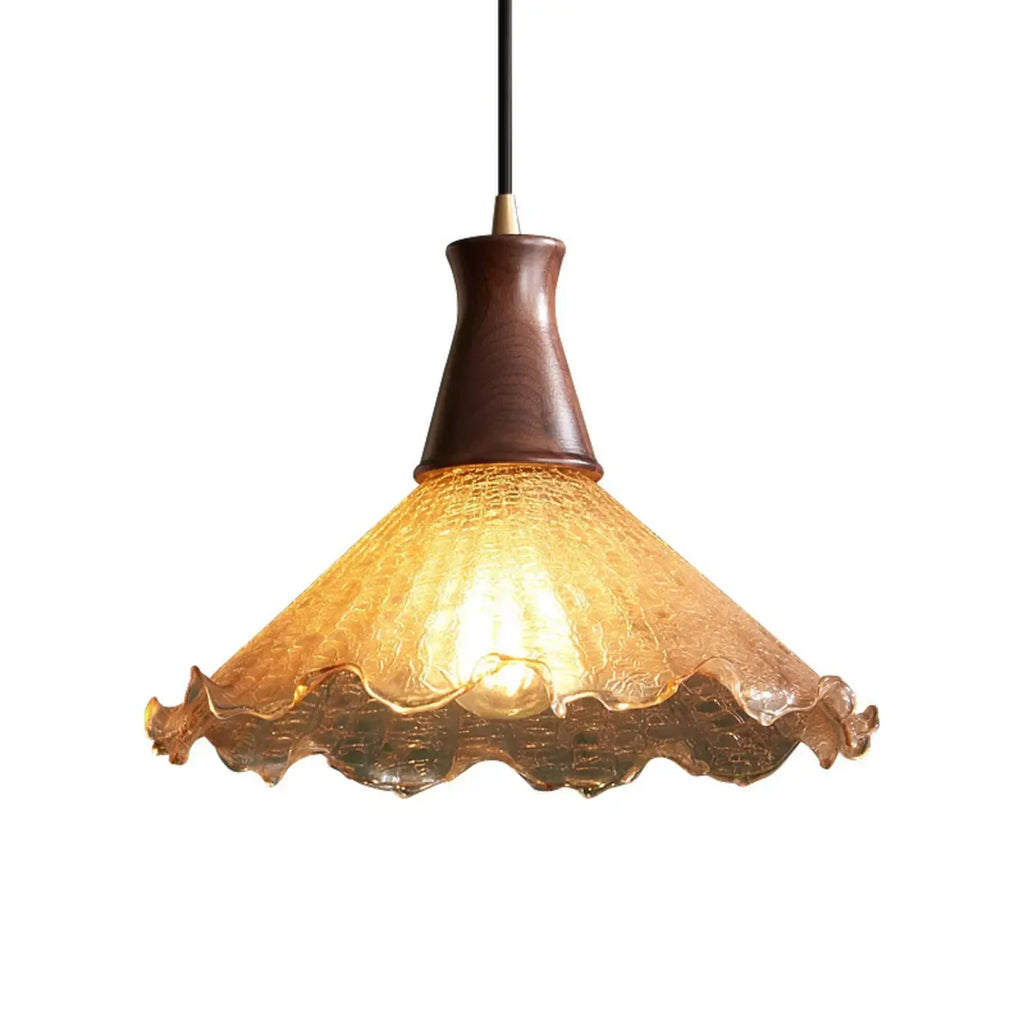 Suspension vintage en bois à motif floral et verre ambré craquelé