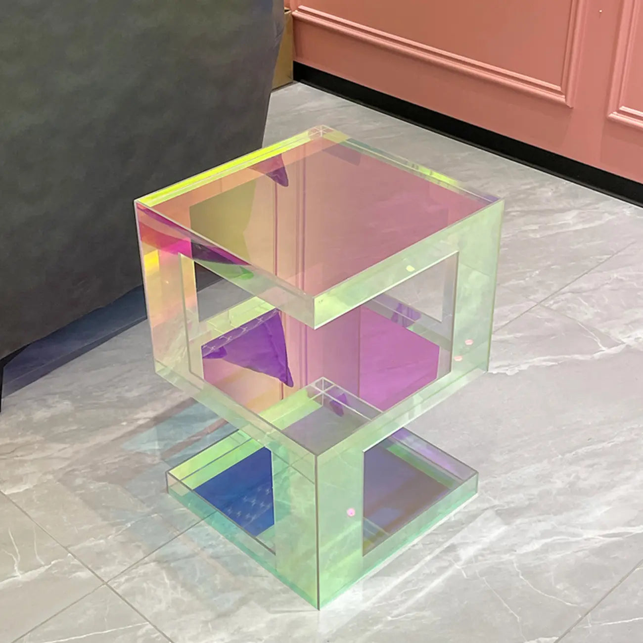Table d'appoint carrée glamour en acrylique avec rangement ouvert pour salon