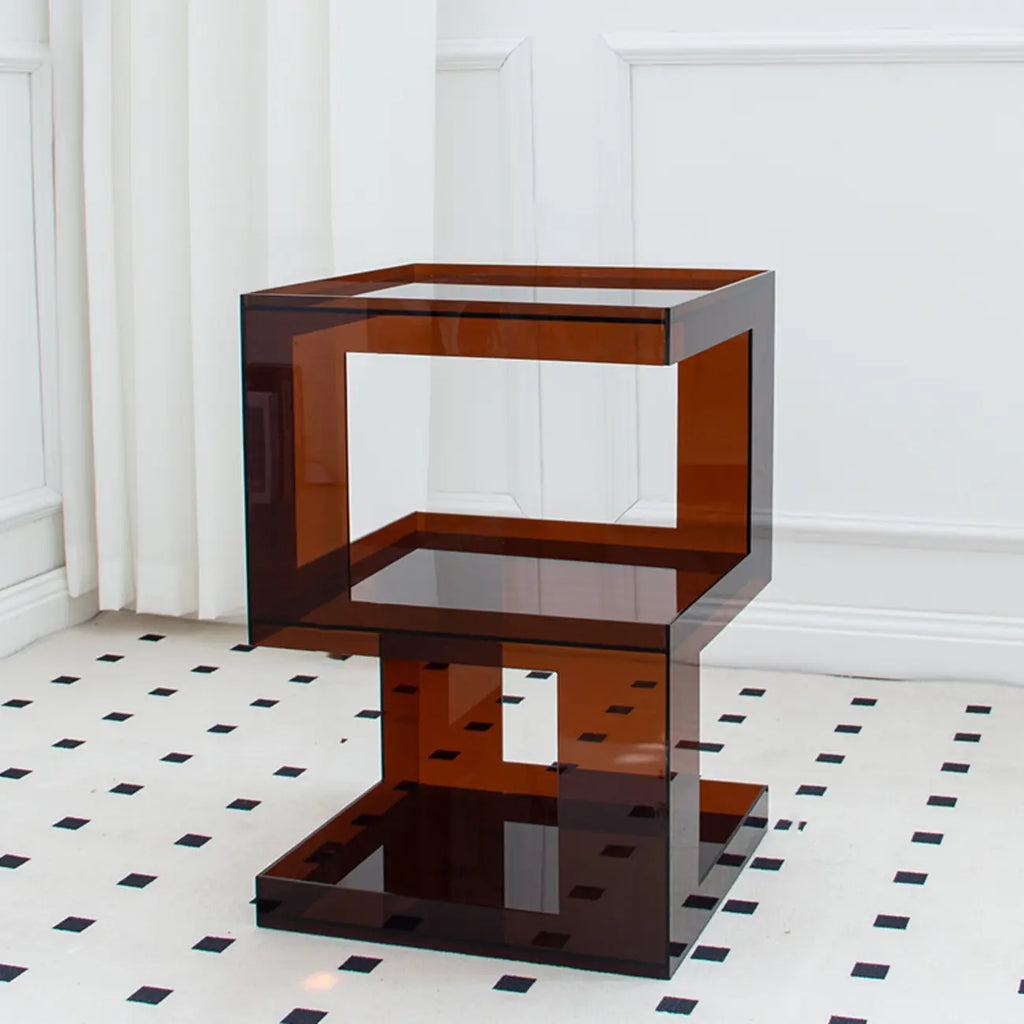 Table d'appoint carrée glamour en acrylique avec rangement ouvert pour salon