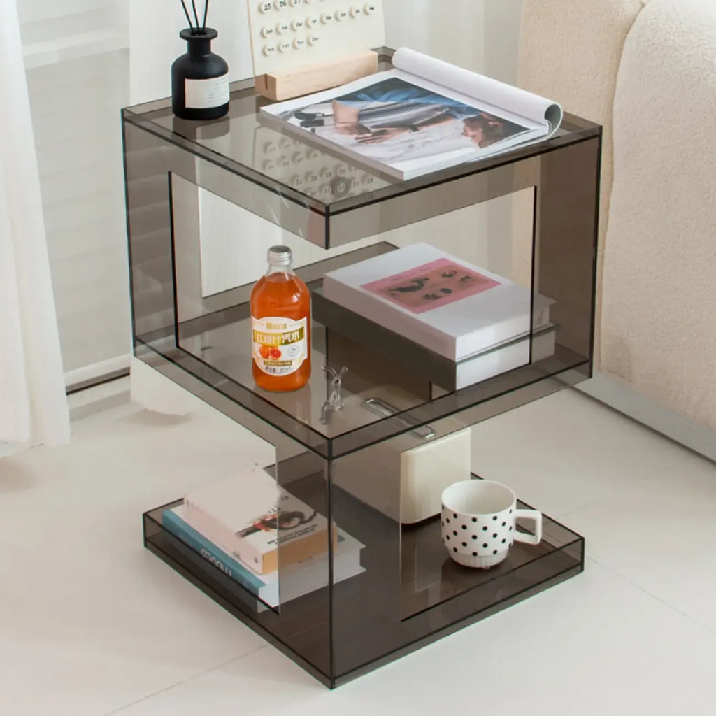 Table d'appoint carrée glamour en acrylique avec rangement ouvert pour salon