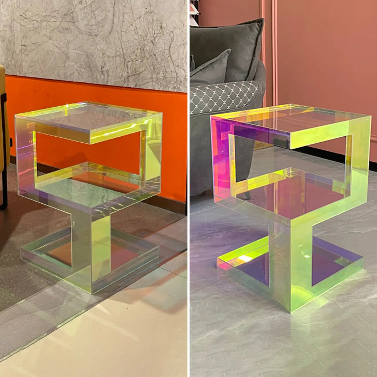 Table d'appoint carrée glamour en acrylique avec rangement ouvert pour salon