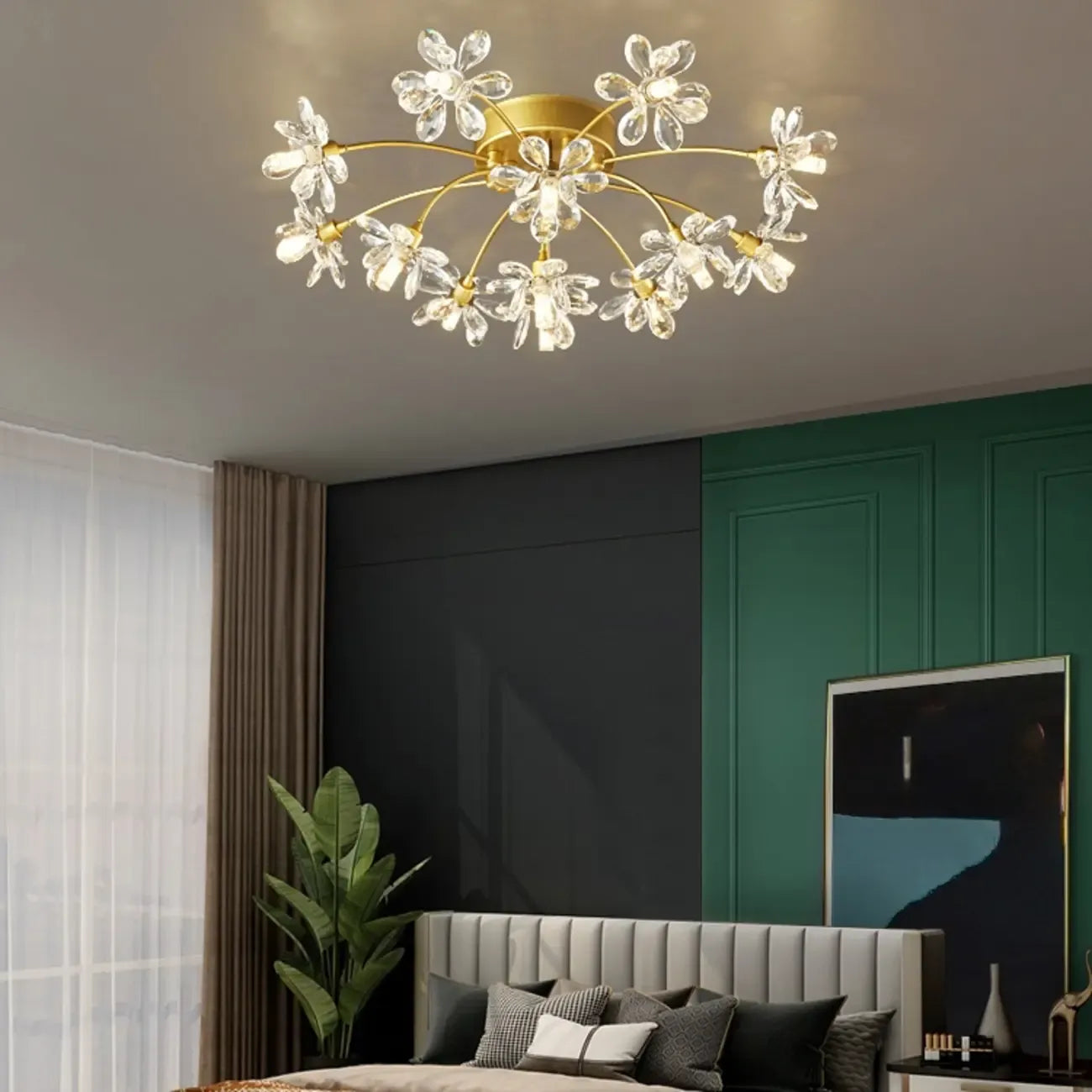 Plafonnier semi-encastré moderne à motif floral en cristal doré