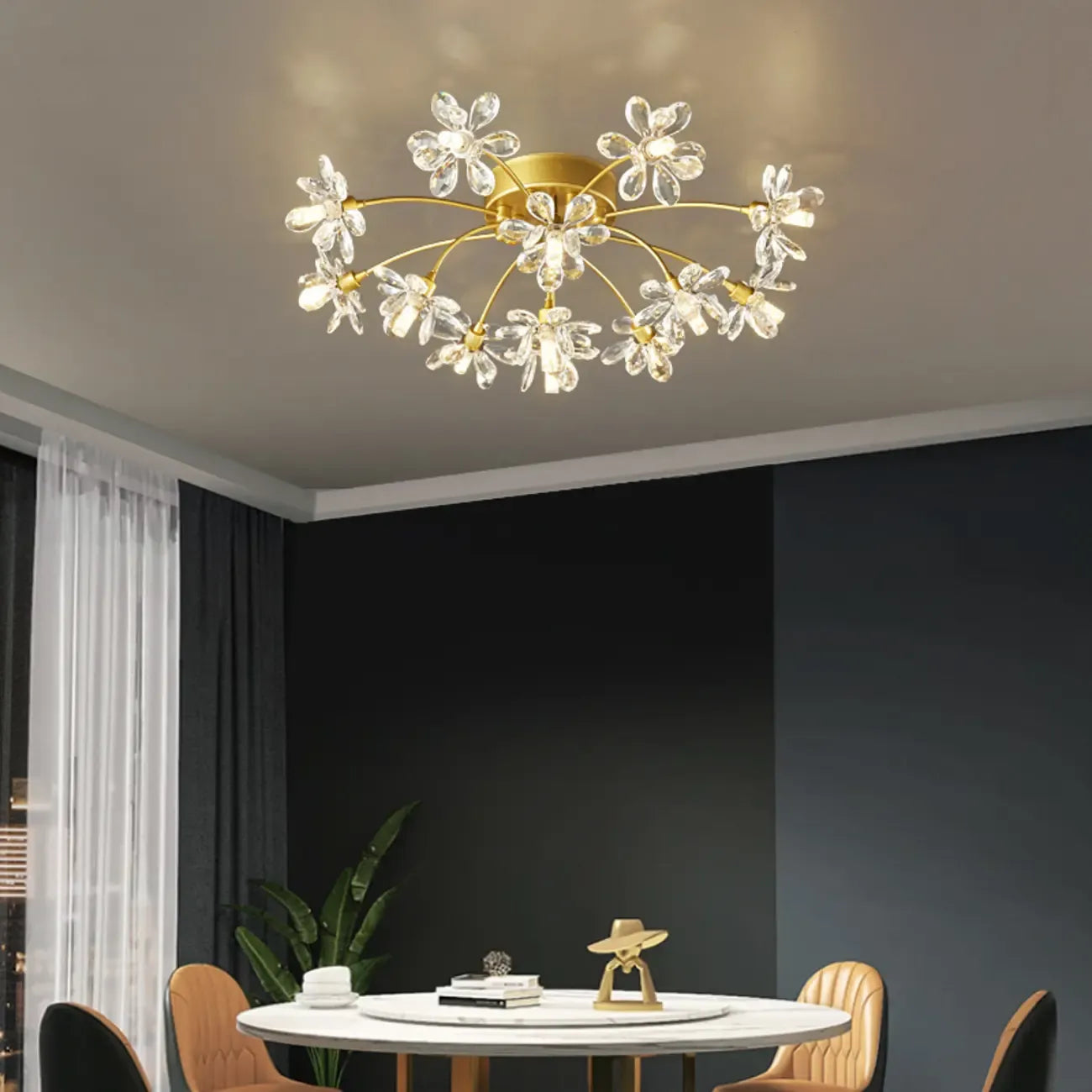 Plafonnier semi-encastré moderne à motif floral en cristal doré
