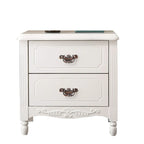 Table de chevet classique en bois blanc sculpté à 2 tiroirs