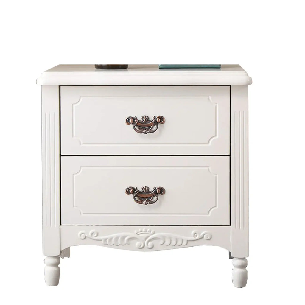 Table de chevet classique en bois blanc sculpté à 2 tiroirs
