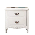 Table de chevet classique en bois blanc sculpté à 2 tiroirs