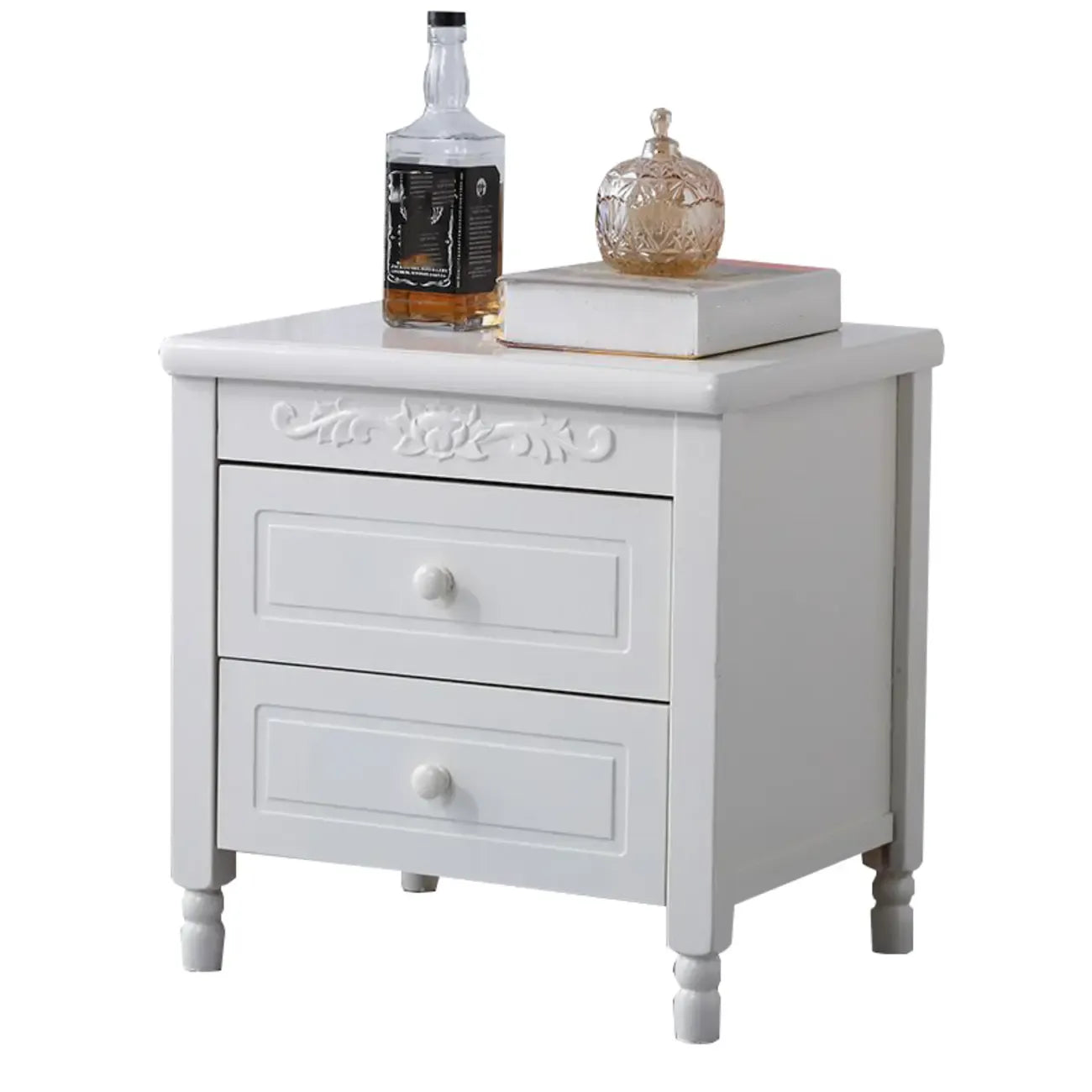 Table de chevet classique en bois blanc sculpté à 2 tiroirs