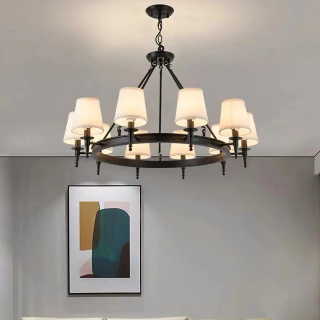 Lampadario Nero a Sospensione con Paralume in Tessuto Stile Country Americano