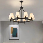 Lampadario Nero a Sospensione con Paralume in Tessuto Stile Country Americano