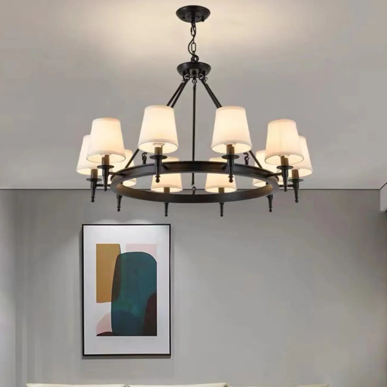Lampadario Nero a Sospensione con Paralume in Tessuto Stile Country Americano