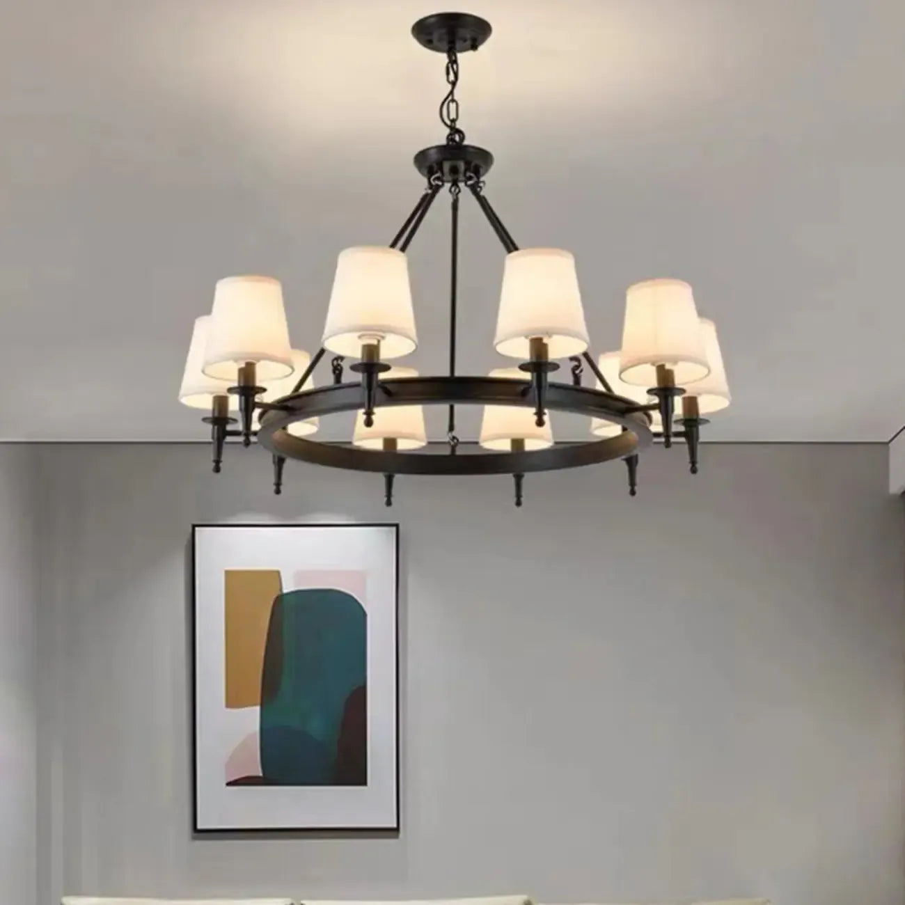 Lampadario Nero a Sospensione con Paralume in Tessuto Stile Country Americano