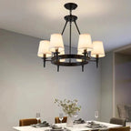 Lampadario Nero a Sospensione con Paralume in Tessuto Stile Country Americano