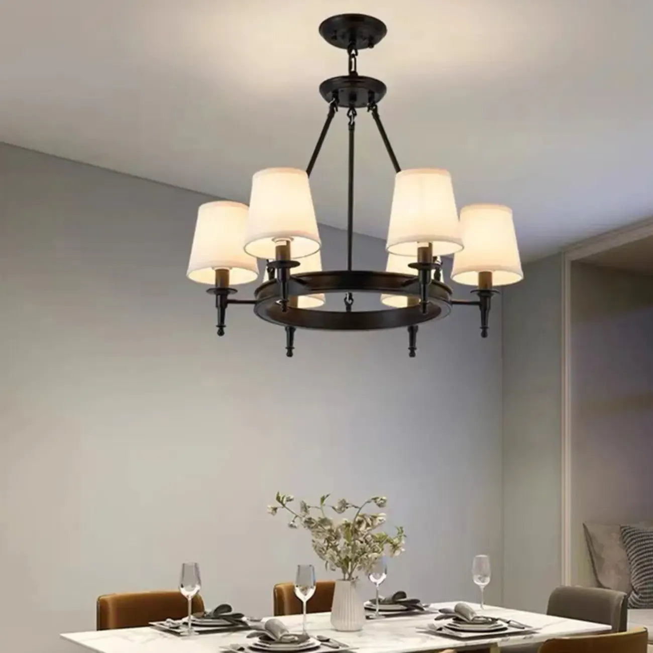Lampadario Nero a Sospensione con Paralume in Tessuto Stile Country Americano