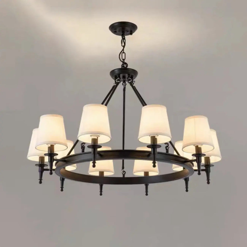 Lampadario Nero a Sospensione con Paralume in Tessuto Stile Country Americano