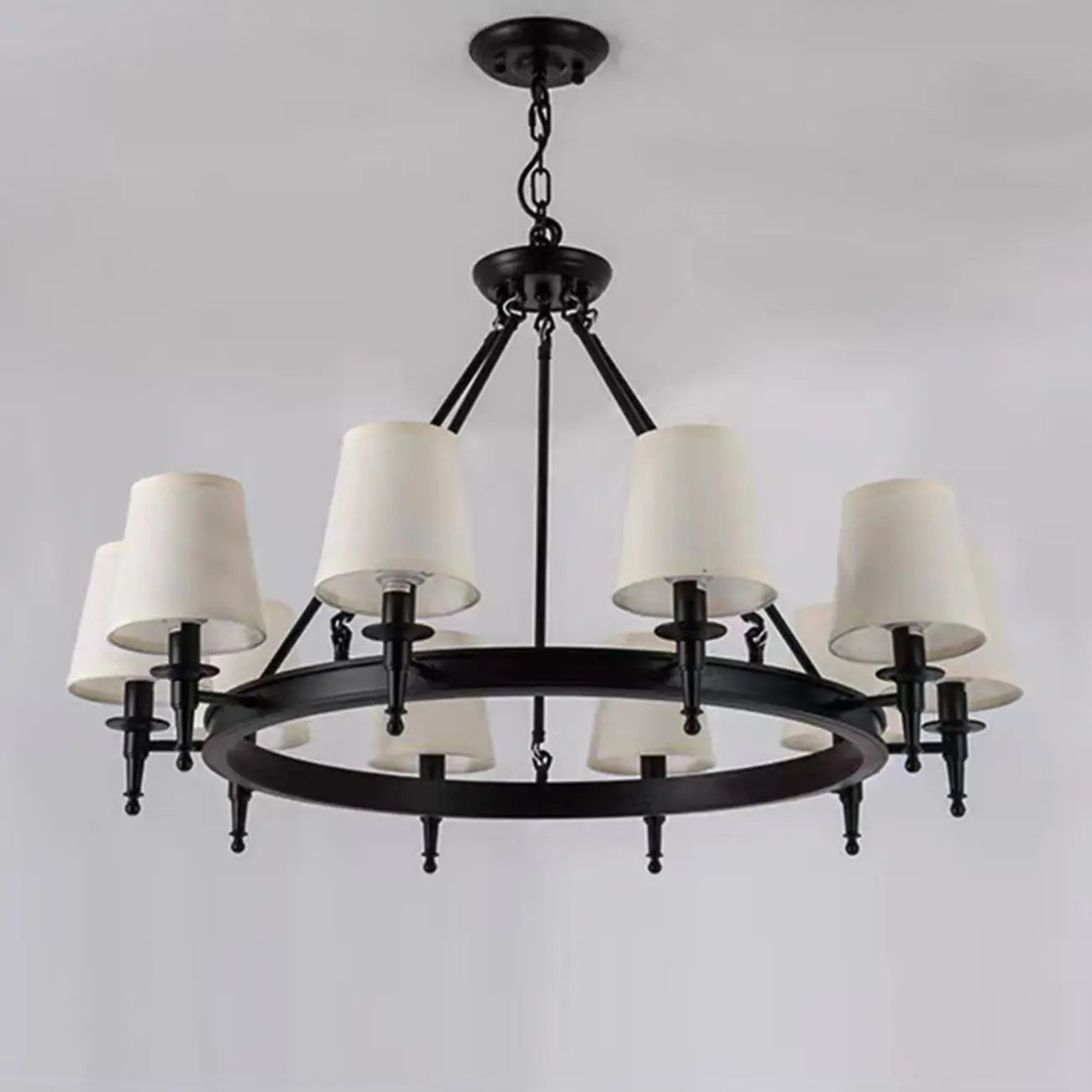 Lampadario Nero a Sospensione con Paralume in Tessuto Stile Country Americano