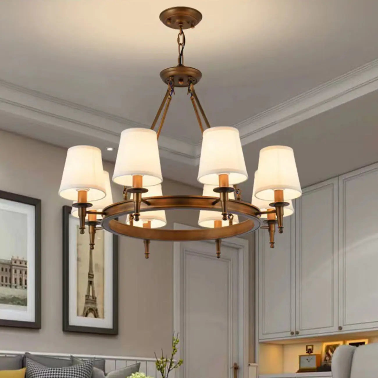 Lampadario Nero a Sospensione con Paralume in Tessuto Stile Country Americano