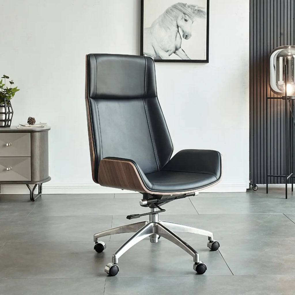 Fauteuil de bureau pivotant réglable en cuir noir à dossier haut