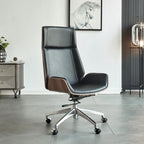 Fauteuil de bureau pivotant réglable en cuir noir à dossier haut