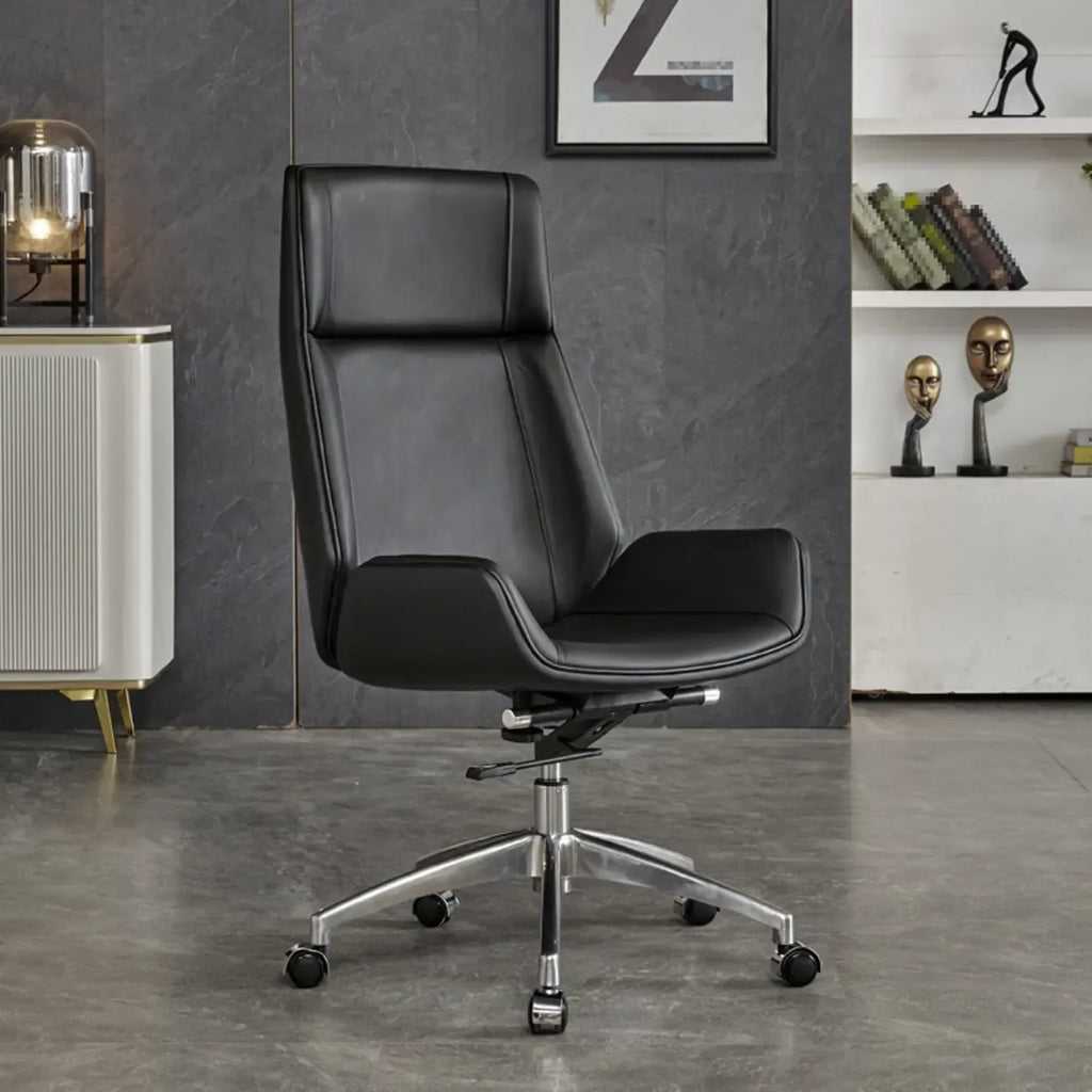 Fauteuil de bureau pivotant réglable en cuir noir à dossier haut