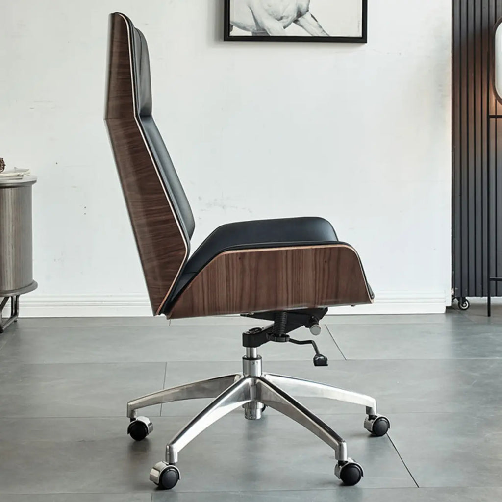 Fauteuil de bureau pivotant réglable en cuir noir à dossier haut