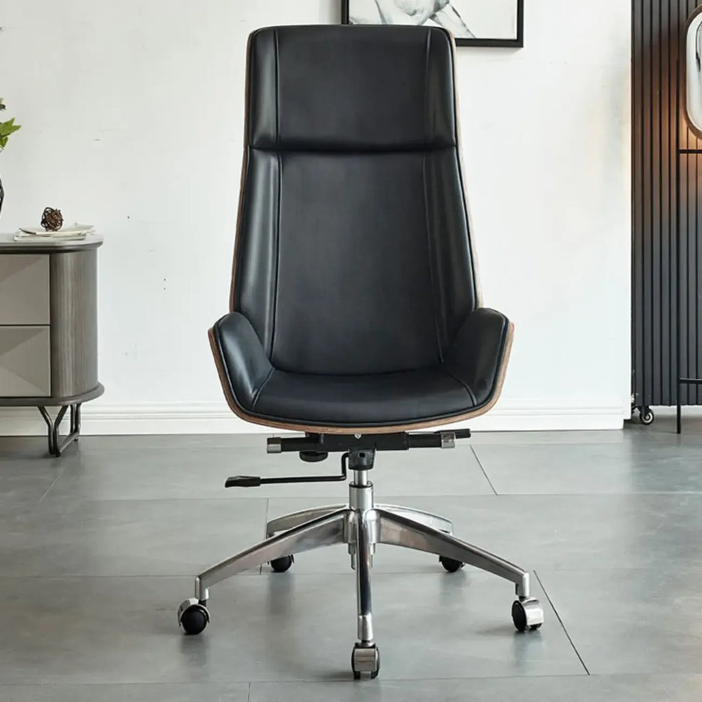 Fauteuil de bureau pivotant réglable en cuir noir à dossier haut