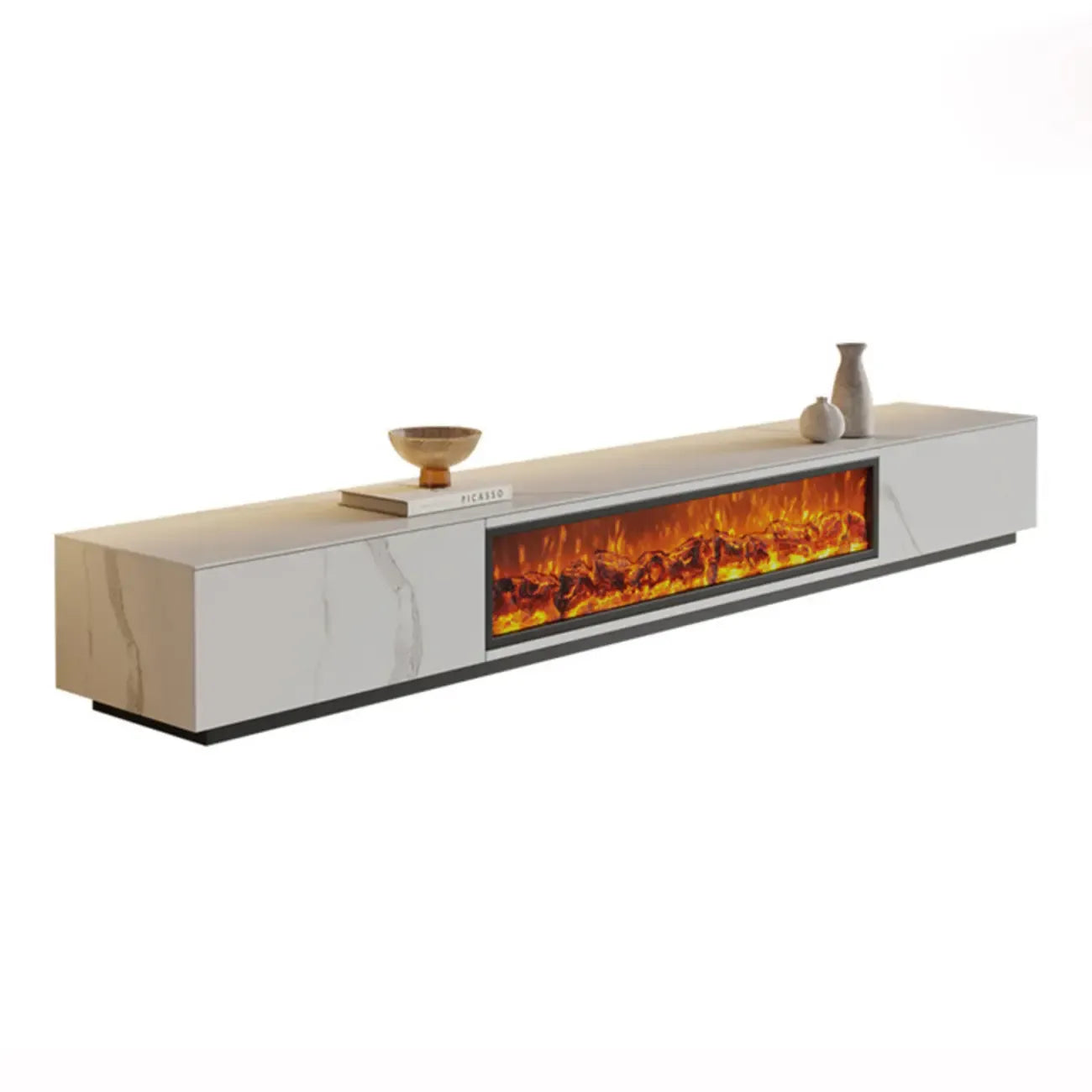Mobile TV in pietra rettangolare bianco 94,5 con camino e luce