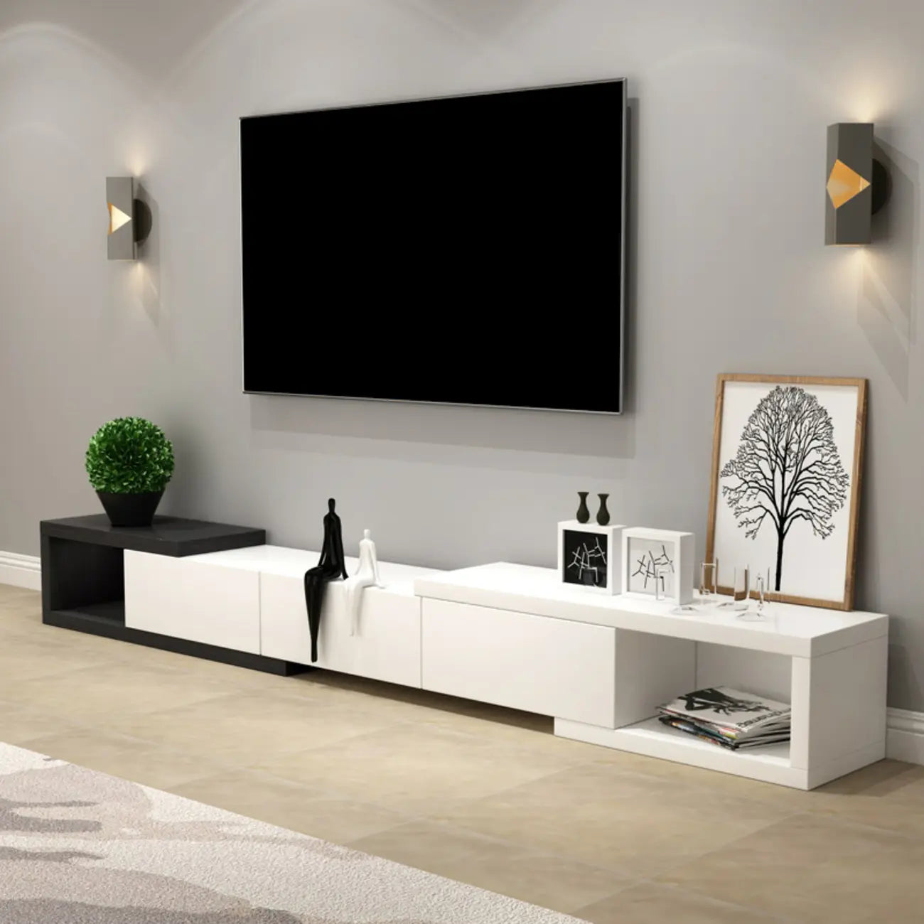 Meuble TV long en bois blanc de 102 pouces avec tiroirs et rangement ouvert
