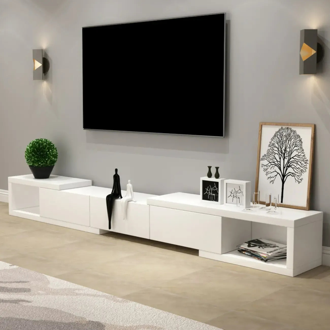 Meuble TV long en bois blanc de 102 pouces avec tiroirs et rangement ouvert