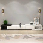 Meuble TV long en bois blanc de 102 pouces avec tiroirs et rangement ouvert