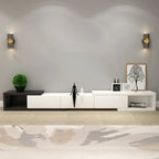 Meuble TV long en bois blanc de 102 pouces avec tiroirs et rangement ouvert