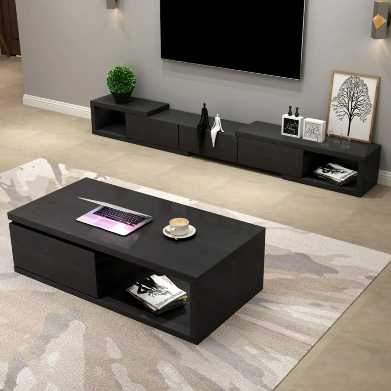 Meuble TV long en bois blanc de 102 pouces avec tiroirs et rangement ouvert