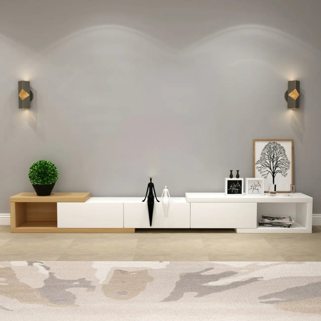 Meuble TV long en bois blanc de 102 pouces avec tiroirs et rangement ouvert