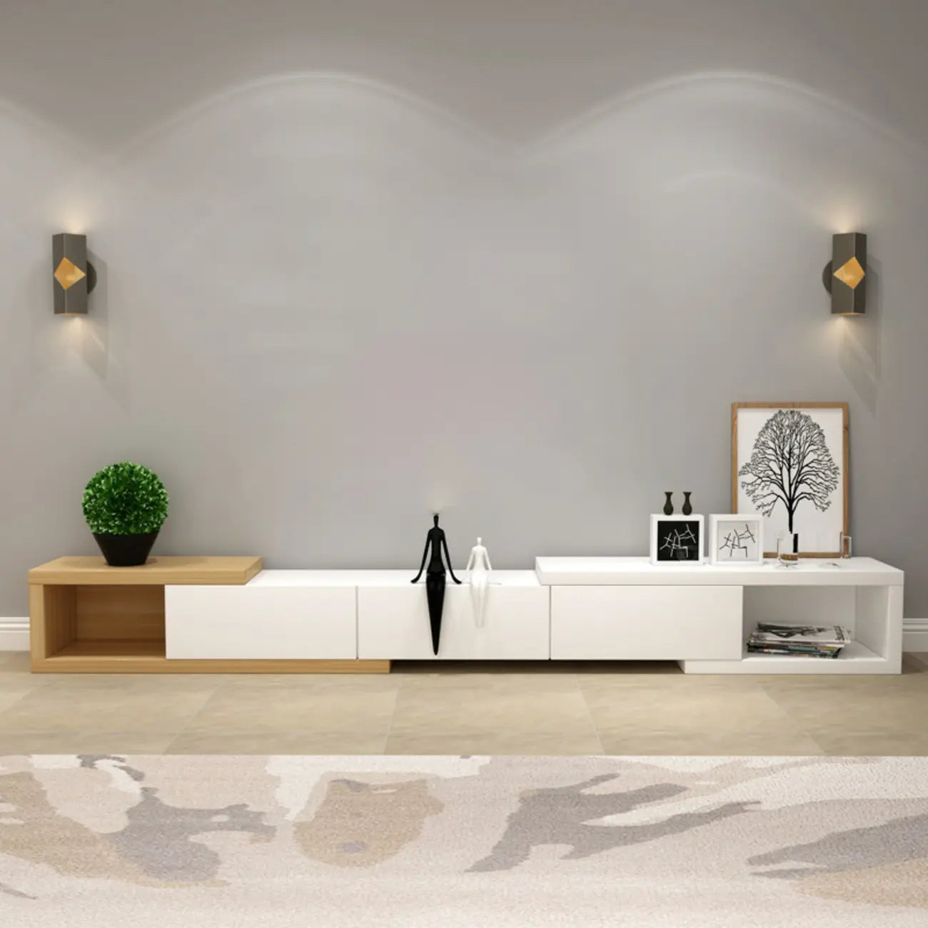 Meuble TV long en bois blanc de 102 pouces avec tiroirs et rangement ouvert