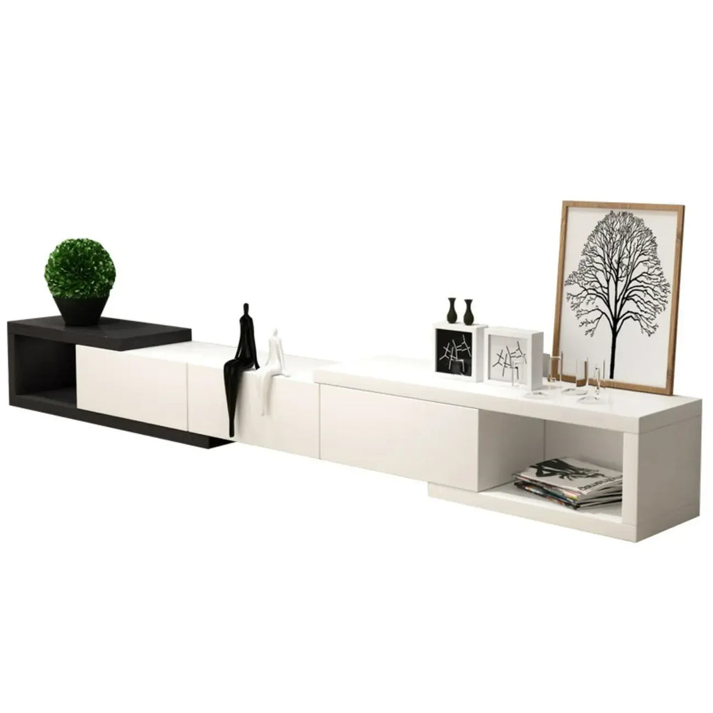 Meuble TV long en bois blanc de 102 pouces avec tiroirs et rangement ouvert