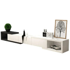 Meuble TV long en bois blanc de 102 pouces avec tiroirs et rangement ouvert