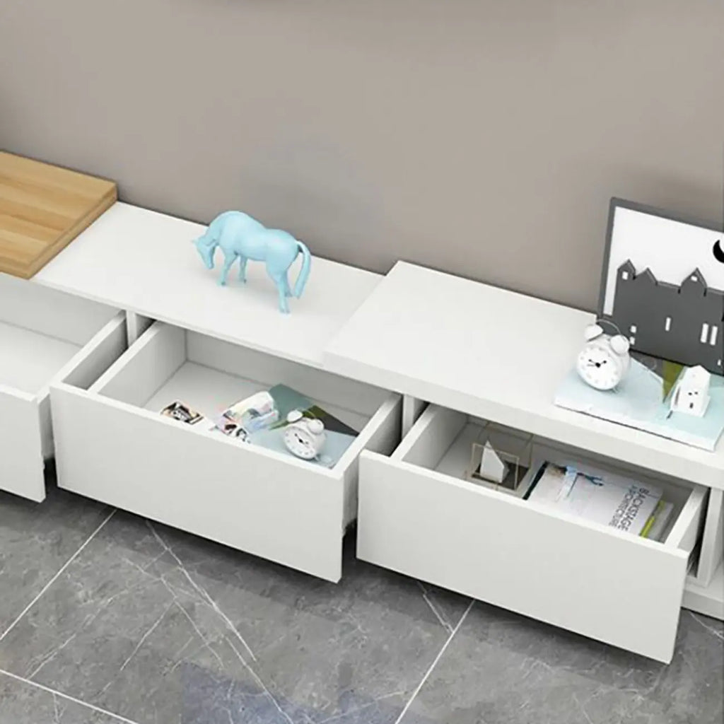 Meuble TV long en bois blanc de 102 pouces avec tiroirs et rangement ouvert