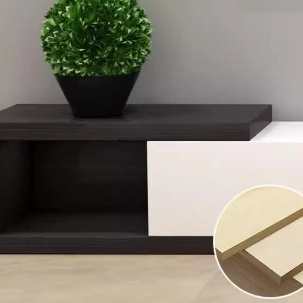 Meuble TV long en bois blanc de 102 pouces avec tiroirs et rangement ouvert