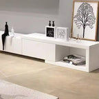 Meuble TV long en bois blanc de 102 pouces avec tiroirs et rangement ouvert