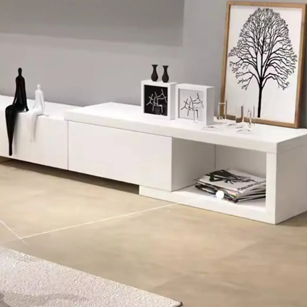 Meuble TV long en bois blanc de 102 pouces avec tiroirs et rangement ouvert