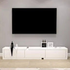 Meuble TV long en bois blanc de 102 pouces avec tiroirs et rangement ouvert
