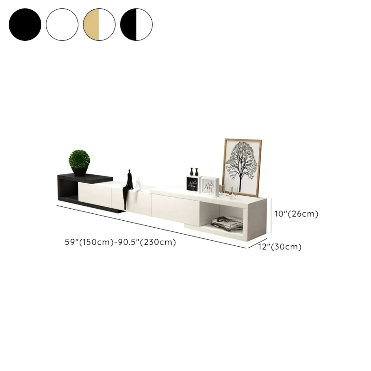 Meuble TV long en bois blanc de 102 pouces avec tiroirs et rangement ouvert